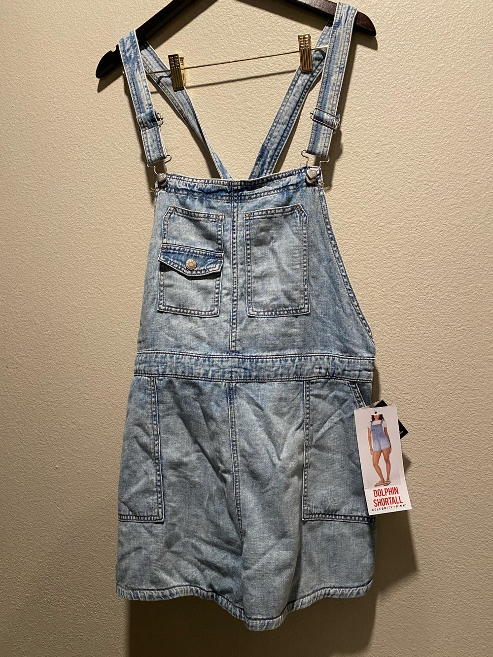 Celebrity Pink Light Wash Denim Dolphin Shortall Overall Shorts in Size XXL NEW!